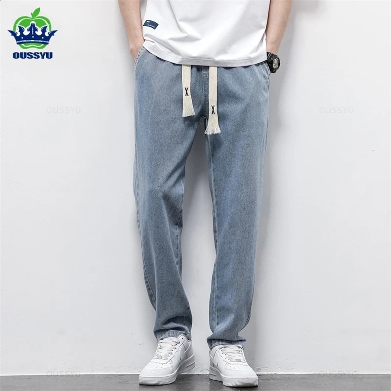 Spring Summer Mens Jeans Cotton Soft Drawstring Straight Pants Elastic Waist Vintage Korea Casual Trousers Male Plus Size S-5XL 240823