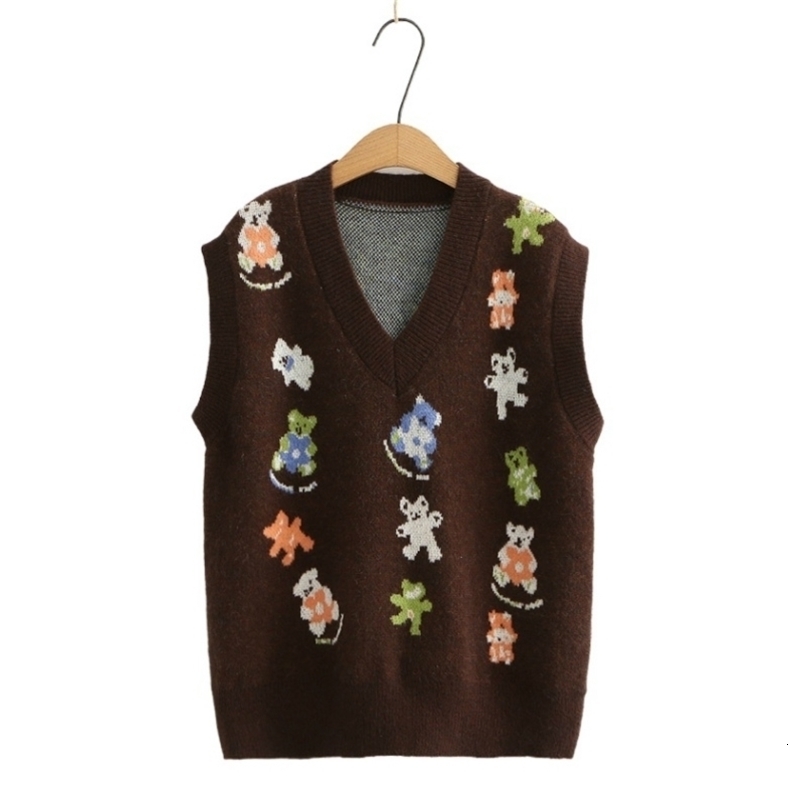 Kawaii Sweater Women Cartoon Bear Sweaters Vest Winter V Neck Sleeveless Vintage Casual Ladies Knitted Pullovers Casual Top 210805