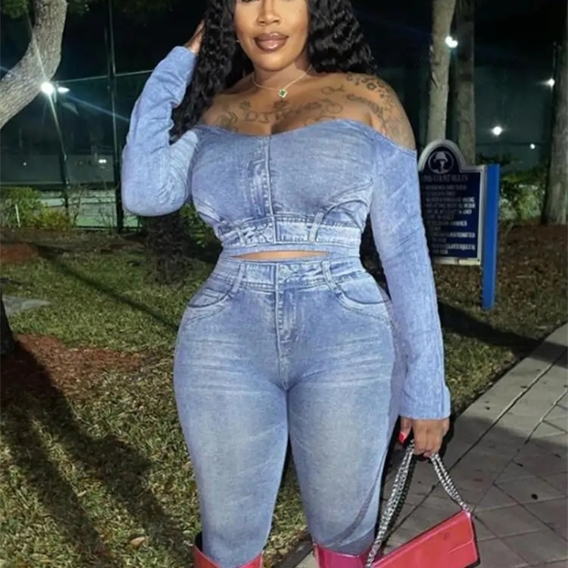 Joskaa Sexy Denim Print Two Piece Set Women Hipster Off Shoulder Long Sleeve T-Shirts and Leggings Matched Tracksuit Streetwear 240927