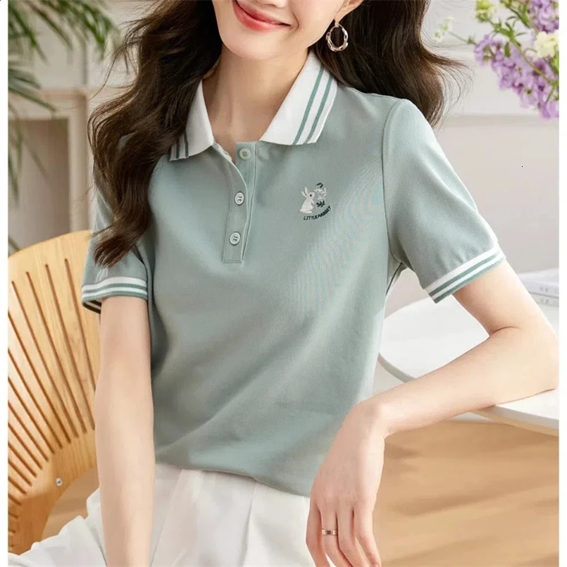 Commute Cartoon Embroidery Turn-down Collar Short Sleeve Pullover Button Short Sleeve T-shirt Casual Formal Womens Summer Tops 240805