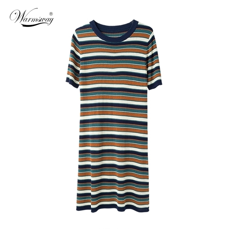 Summer Women Wool Striped Dresses Casual Female O-Neck Knitting Short Sleeve Hollow Out Straight C-267 210522