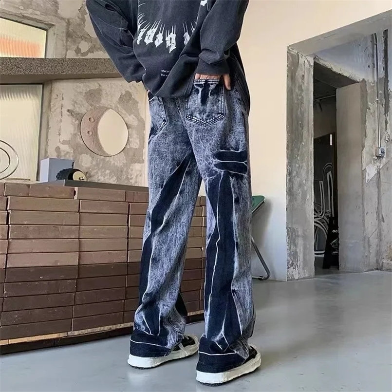 Vintage Style Loose-fit Straight-leg Jeans For Men Color Blocking European American Hip Hop High Street Fashion Trousers 240829