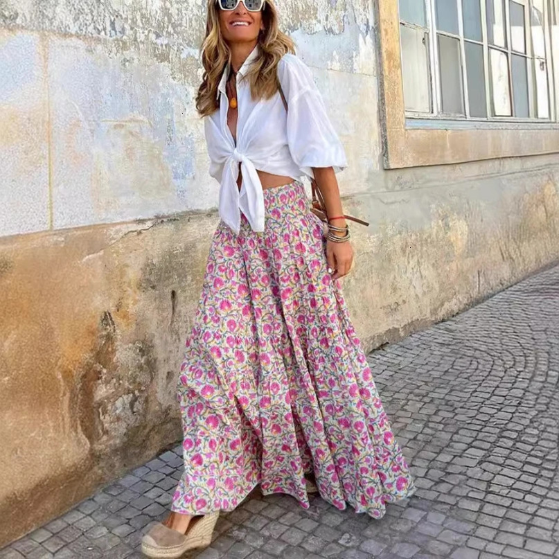 Summer Europe and The United States Casual Womens Printed Long Skirt Elastic Waist Swing Holiday Y2k Clothes Vintage 240516