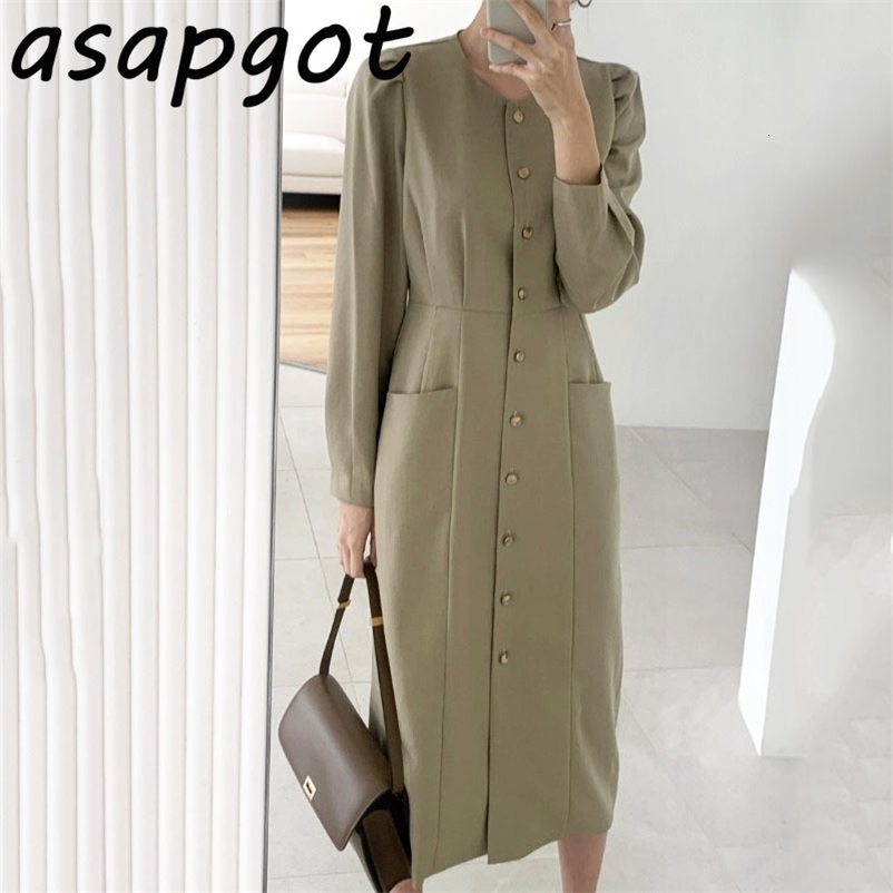 Minimalist Chic Korean Temperament Slim Full O Neck Pleated Single-breasted Double Pocket Dress Lady Mid-length Retro Office 210429