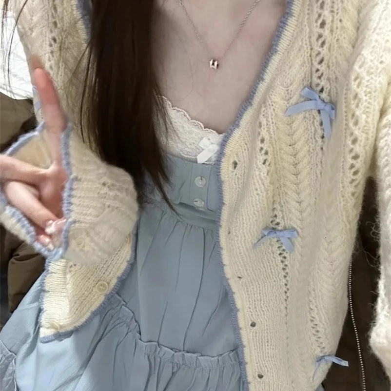 Sweet Knitted Cardigan Hollow Out Bow Solid Color Woman Sweaters Korean Casual Elegant Sweater Vest Croche Loose Pull Femme 240703