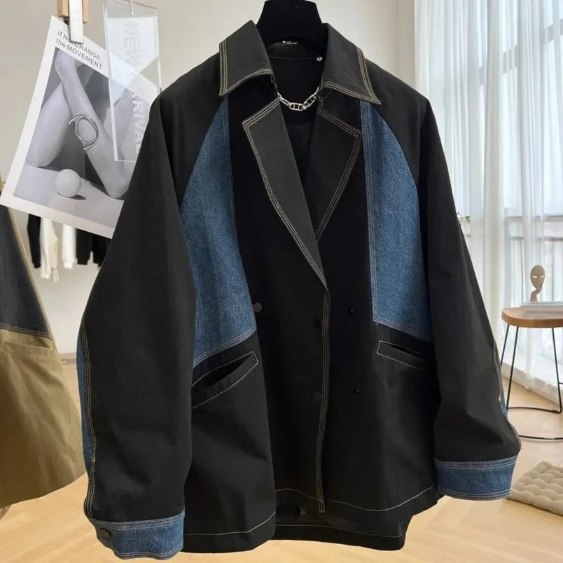 Heavy duty denim patch workwear jacket casual workwear womens spring and autumn season thin medium and long trench jacket n sense niche 241115