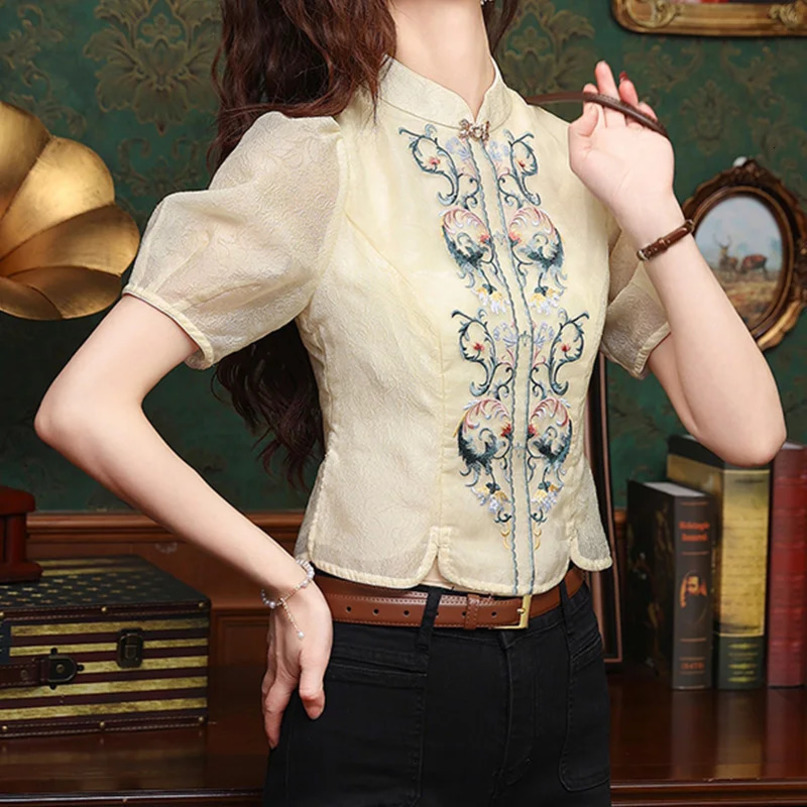Summer Elegant Fashion Retro Loose Office Lady Womens Shirt Chinese Style Casual Turtleneck Short Sleeve Print Tops 240328