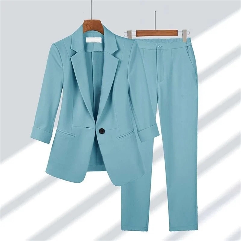 Office Lady Spring Summer Thin Blazers Pants Two Piece Set Women Professional Suit Solid Three Quarter Jackets Pant Outfits 250317