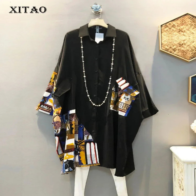 XITAO Korean Style Shirt Fashion Loose Vintage Patchwork Women Tops Trend Bat Sleeves Womens and Blouses XJ4754 240226