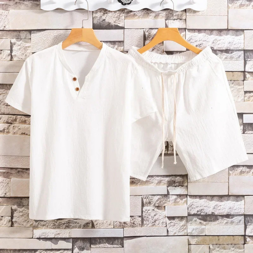 Mens Short Sleeve Shorts Set Summer Cotton and Linen Two Button Large Size Solid Color Tshirt Twopiece 240531