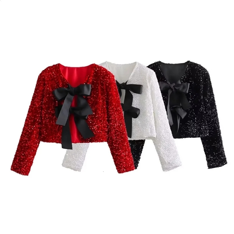 Zach Ailsa womens sequined bow short jacket autumn and winter round neck long sleeved solid color top 250122