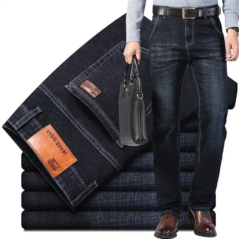 Mens Stretch Regular Fit Jeans Business Casual Classic Style Fashion Denim Trousers Male Black Blue Gray Pants 240823