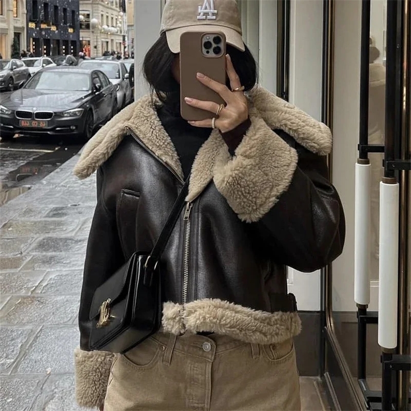 90s retro fashion girl brown synthetic leather wool jacket for womens winter thick fur lined coat 240824