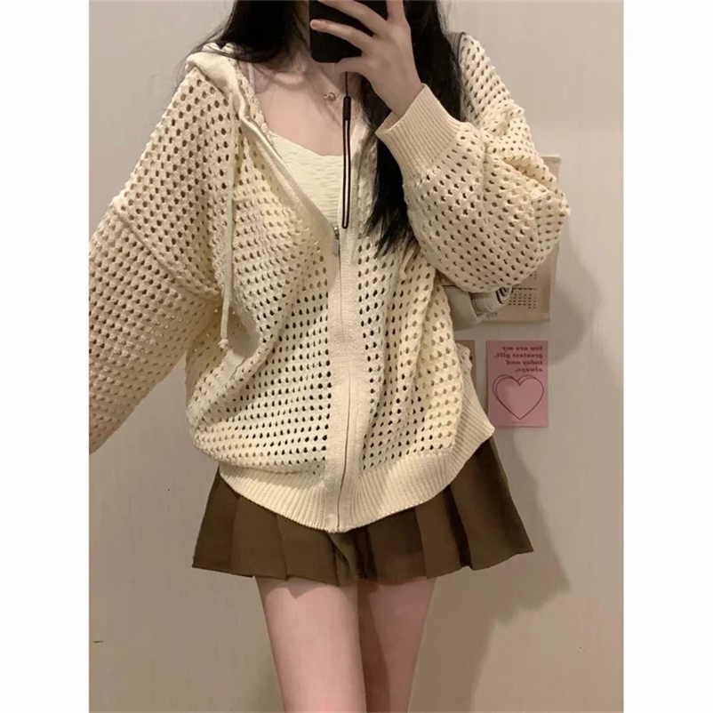Hollow Hooded Thin Coat Korean Version Of Spring And Summer Lazy Zipper Blouse Knitted Cardigan Blouse Female Loose Sweater 240703
