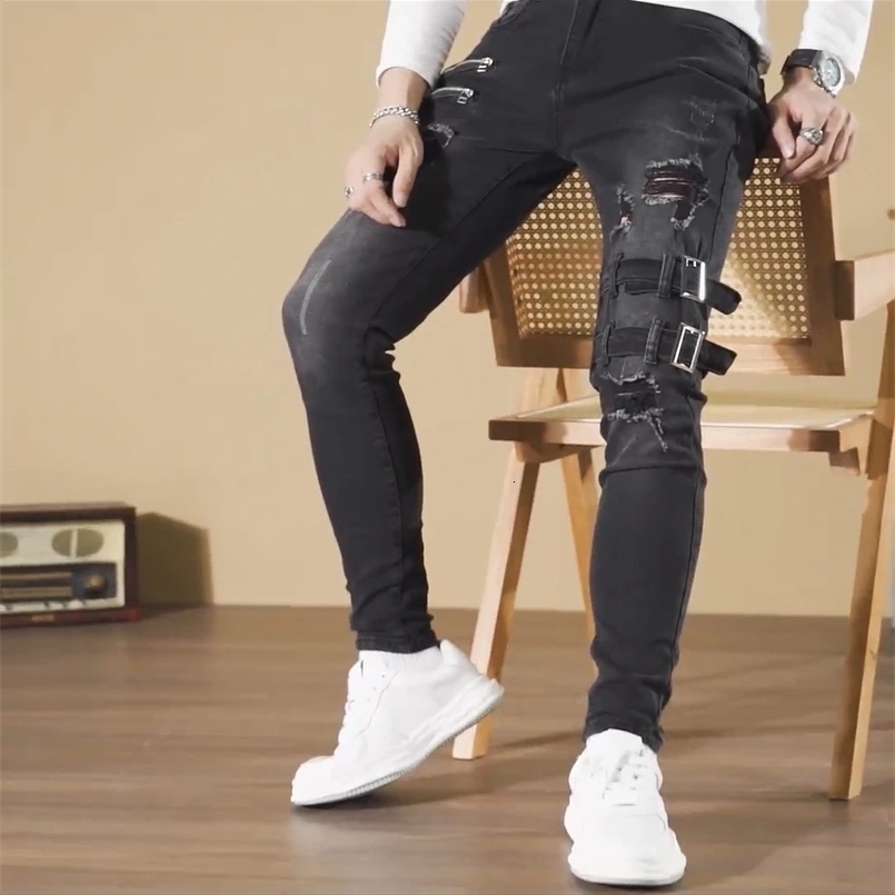 Jeans dritti maschi punk pantaloni in jeanny pantaloni primavera estate jeans streetwear zipper slim fit goth pantaloni 240823