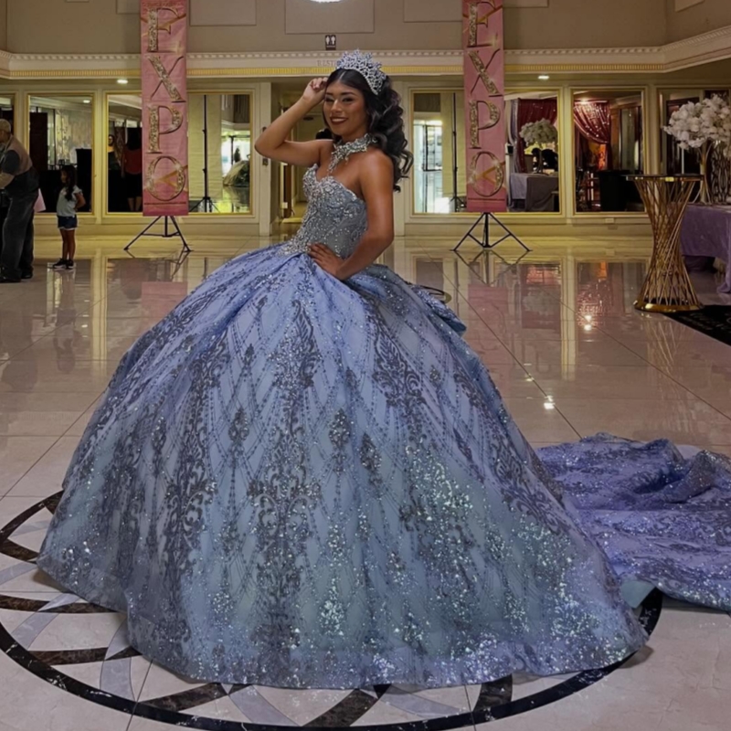 Navy Blue Shiny Quinceanera Dresses Off The Shoulder Sequin Applique Lace Beading Crystal Tull Party Birthday Sweet 16 Dress Vestidos 15 De Anos