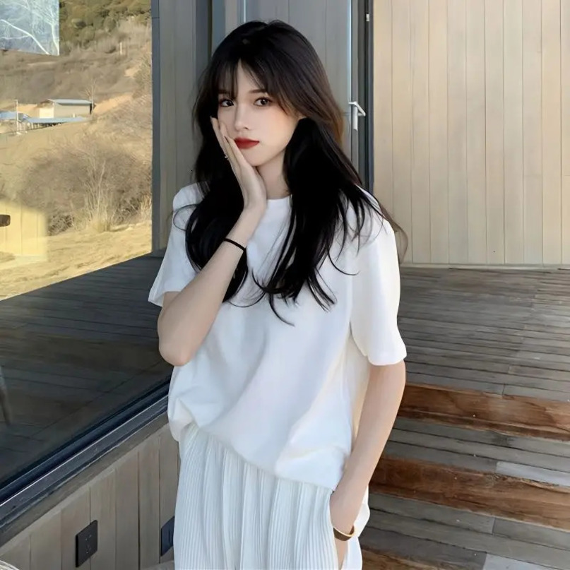 Pure Cotton White Short Sleeved Tshirt for Women Loose Fitting Korean Version Top Summer Half Versatile 240416