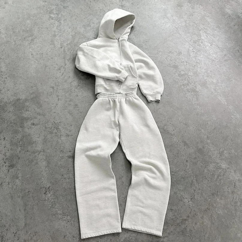 American retro simple classic Y2K hooded twopiece set mens streetwear fashion sportswear womens gray Harajuku sweatpants 240911