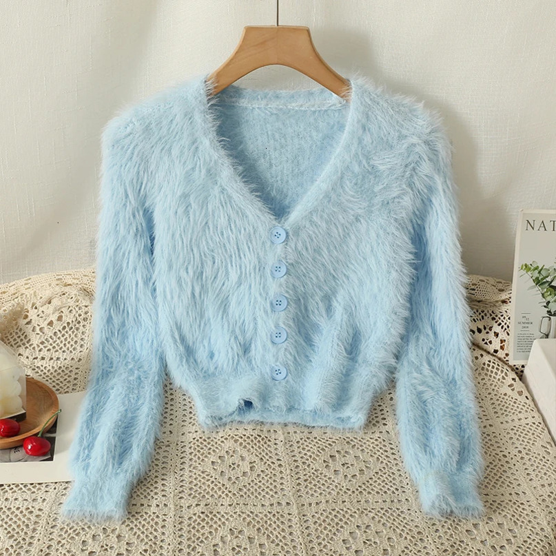 Womens Sweaters ITOOLIN Women Velvet Chic VNeck Cardigan Sweater Button Up Sweet Knitted Short Coat For Autumn Winter 231129