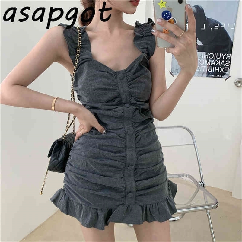 Summer White V Neck Sleeveless Pleated Dress Women Mini Chic Korean Slim Retro Spaghetti Strap Vestido De Mujer Clothing Sexy 210429