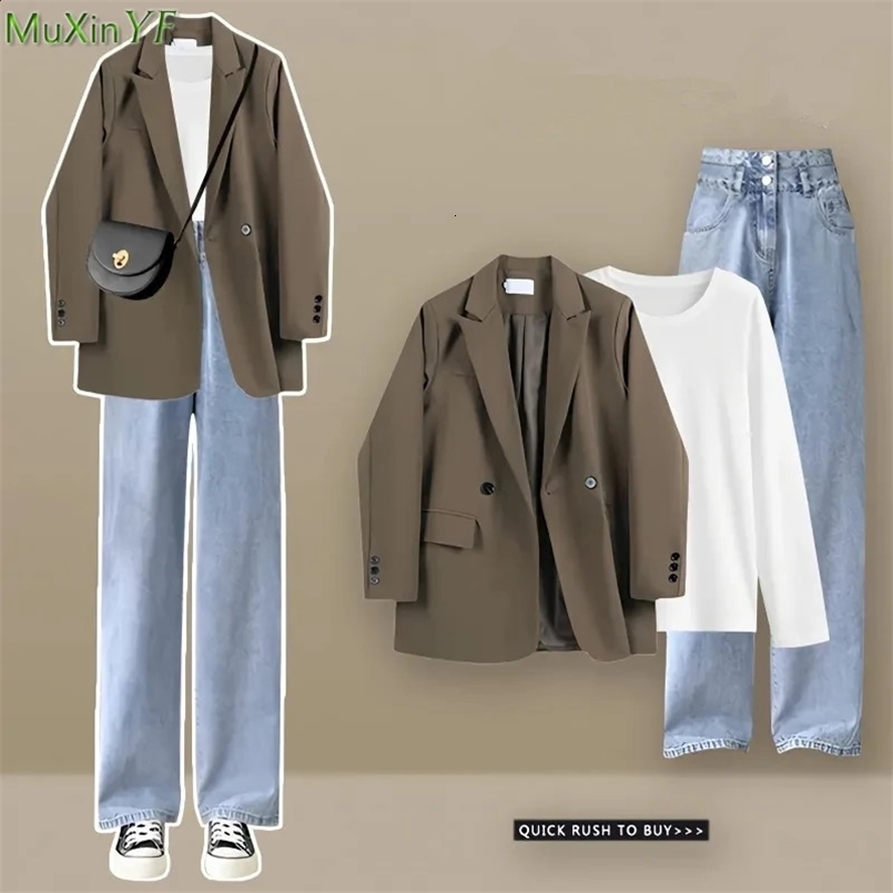 Women Spring Autumn Blazers T Shirts Denim Pants 1 or 3 Piece Set Korean Lady Casual Suit Jackets White Tops Jeans Outifts 241007