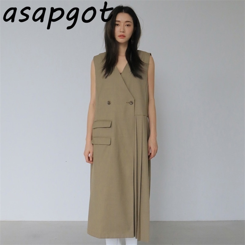 Chic Korean Temperament V Neck Cross Two Button Loose Side Patchwork Khaki Tank Sleeveless Pleated Dress Women Plus Size Wild 210429