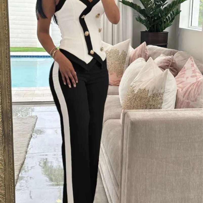 Spring and summer sleeveless set with fashionable printed two-piece set for womens sexy V-neck button metal pendant top and wide leg pants set 25031