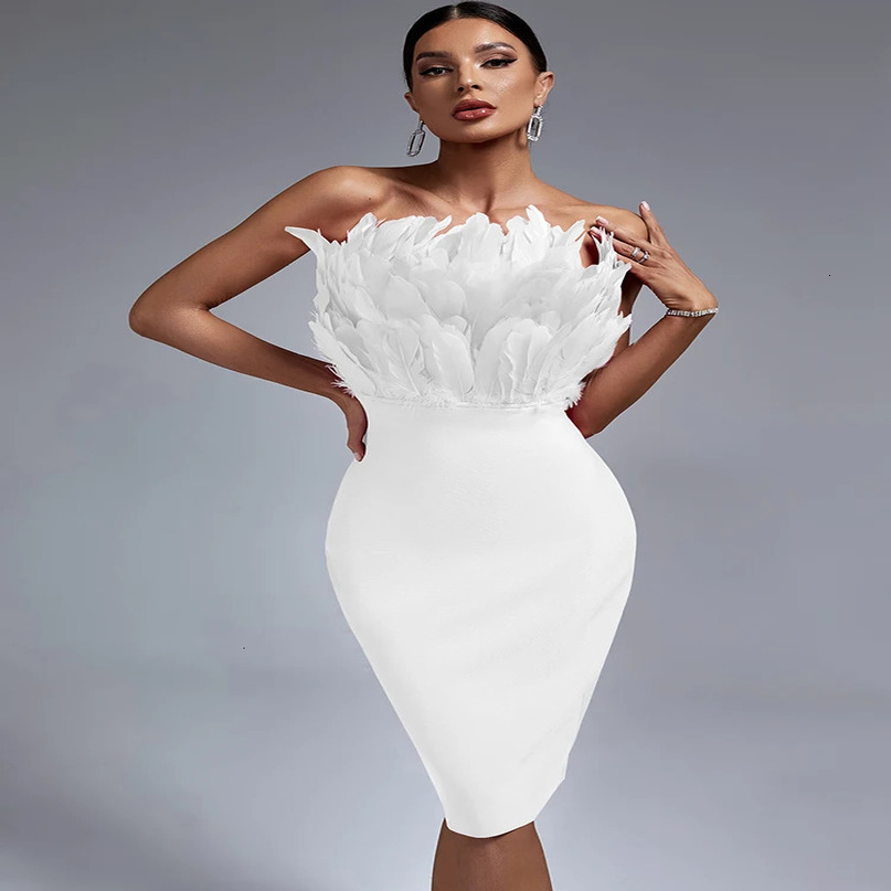 White Bandage Dress Women Feather Party Bodycon Elegant Midi Sexy Strapless Evening Birthday Club Outfits Summer 240615