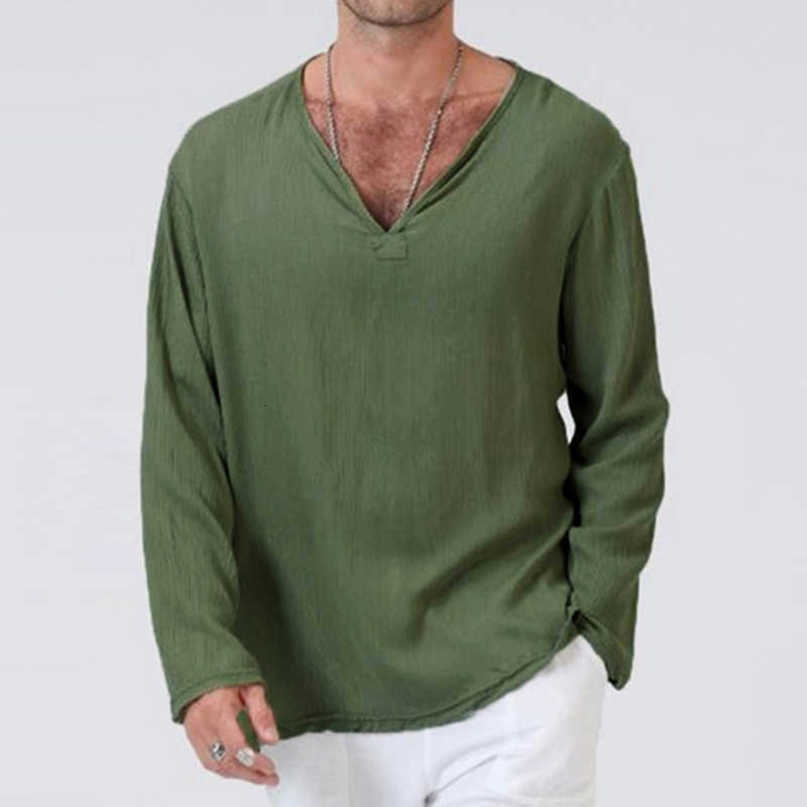 Plus Size 3XL Tunic Mens Shirt Soft Solid Color Linen Basic Casual Long Sleeve V-Neck Shirts Men Summer Spring Loose Tops 210707