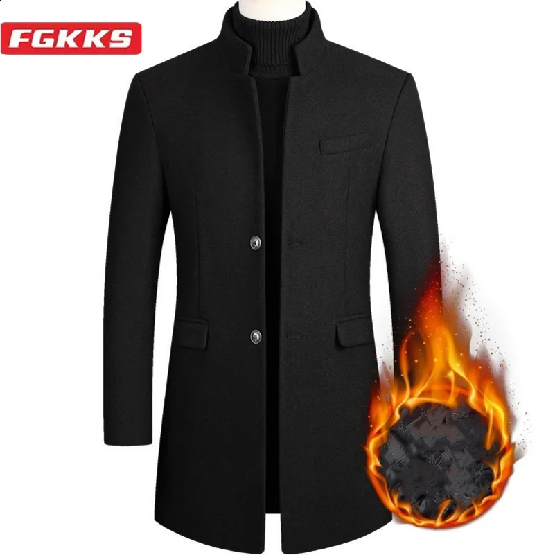 FGKKS Winter Mens Wool Blend Mid Length Trench Coat Thickened Mens Jacket Coats 240830