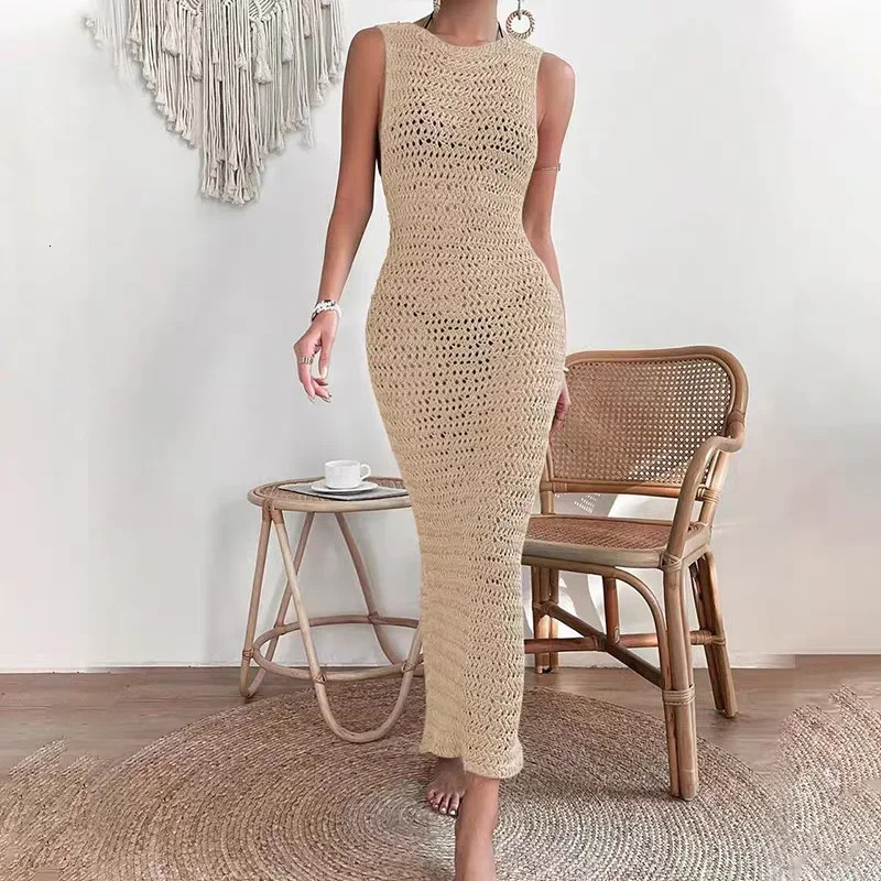 Summer Womens Casual Beach Style Sleeveless Hollow out Bikini Cover-up Female Sexy O-Neck Knit Hollow out Long Dress 250804