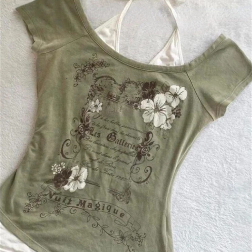 Summer falseTwo Pieces Halter Bandage Vintage T-shirts Y2k Aesthetic Slim Crop Tops Women Grunge Print Harajuku Casual Sexy Tee 240805