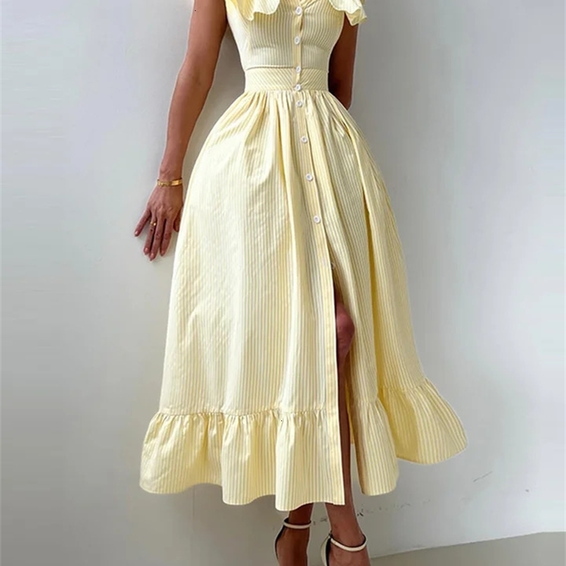 Elegant Blue Striped Ruffled Button Long Dress Women Slim Square Neck Sleeveless Party Female Dresses 2025 Summer Lady Robe 250611