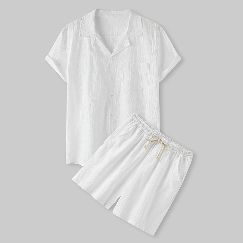Mens Tracksuits Cool summer comfortable shortsleeved button shirt mens solid color Tshirt shorts cotton and linen casual 230418