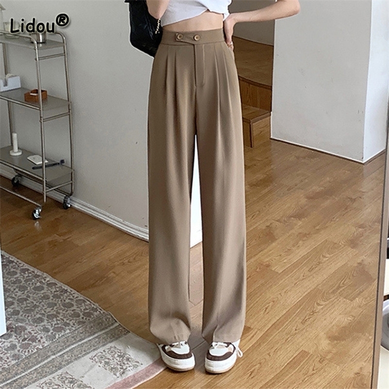 Women's Pants Capris Fashion Pockets Solid Drape Suit Pants Spring Summer Korean Button High Waist Loose Wide Leg Mopping Trousers Trend Women