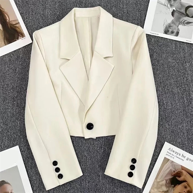 Fashion Cropped White Blazer Women Autumn Single Button Office Blazers Woman Korean Long Sleeve Short Jackets Ladies 240228