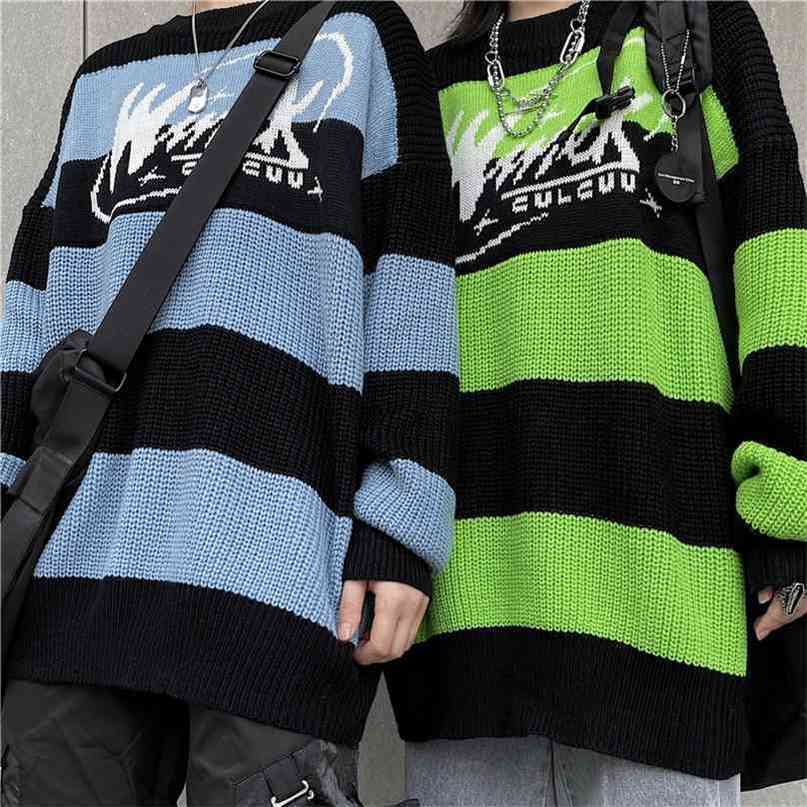 Women's sweater stripe letter casual tops harajuku pullover autumn drop vintage punk Hip hop streetwear Korean clothing 210918
