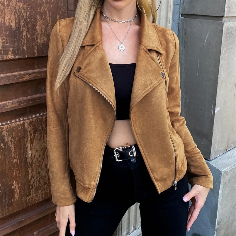 Womens Stylish Brown Leather Jacket Autumn Classic Casual Irregular Zip Up Outerwear Ladies Skinny Long Sleeve Jacket 241014