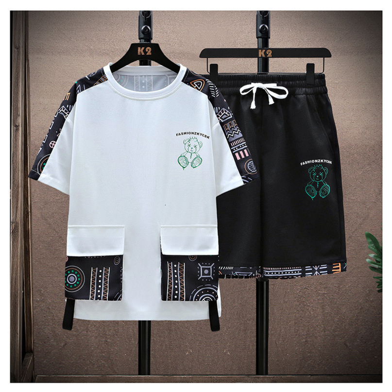 Mens Tracksuits Waffle Pattern Summer Men 2 Piece TShirt Shorts Set Tracksuit Fashion Clothing Harajuku Style Streetwear Loose Sports Suit 230707