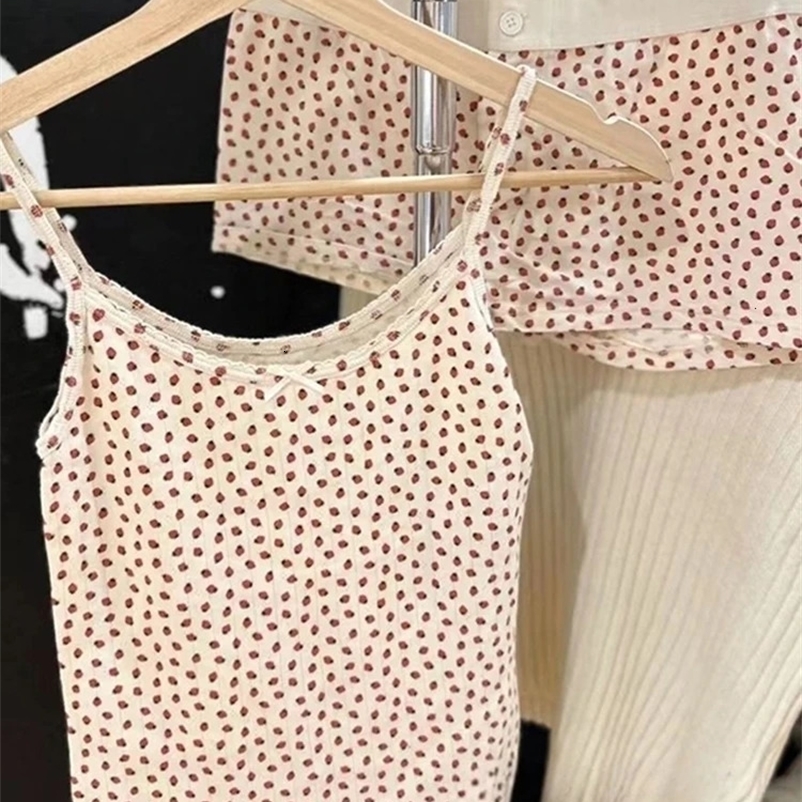 Strawberry Print Shorts Set For Woman 2 Pieces Bow Tank Top With Elastic Waist Patchwork Short Pant Sweet Sets Sexy Summer Suit 240423