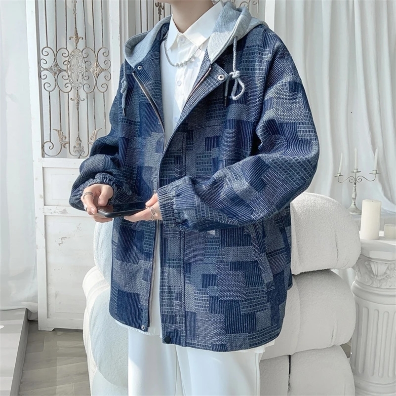 LAPPSTER-Youth Vintage Denim Hooded Plaid Jean Jacket Windbreaker Y2k Streetwear Autumn Jackets Coats Men Korean Fashions Jacket 240408