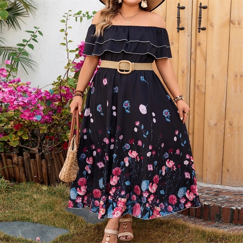 Plus Size Womens Off Shoulder Long Dress Bohemian Style Floral Loose Black Dress Short Sleeve Oversized Clothing 240808