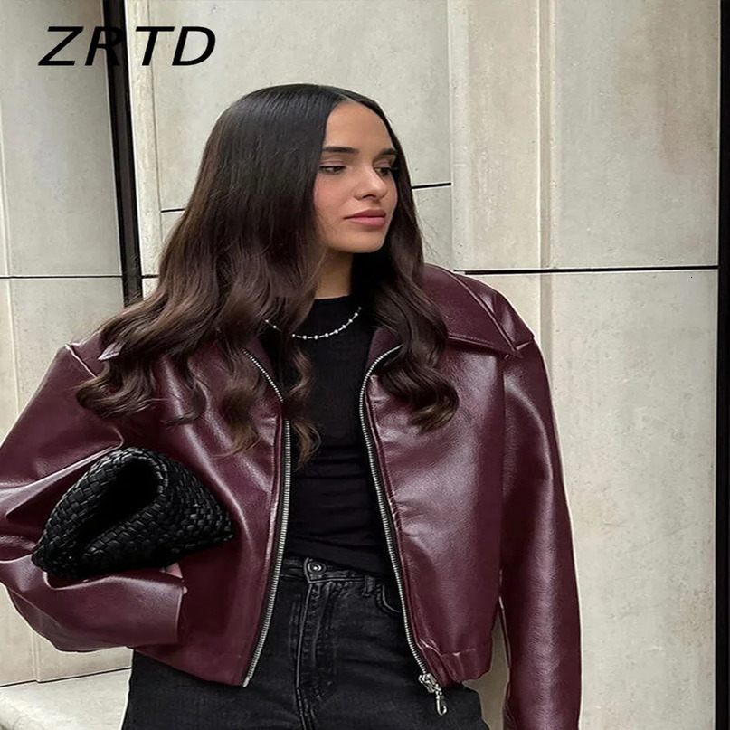 Elegant Burgundy faux leather jacket womens fashion lapel zipper long sleeved womens coat autumn winter womens street jacket 241031