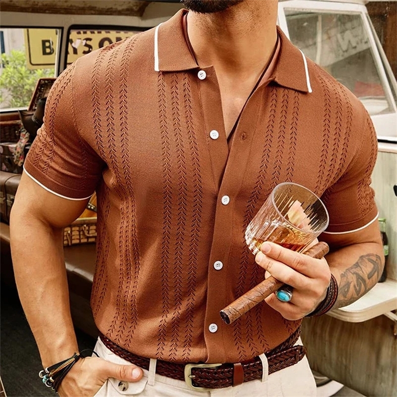 Mens Light Button-down Leisure Knitted Polo Shirt Retro Solid Color Short Sleeve Chic Fashion Patchwork Knitwear 250118