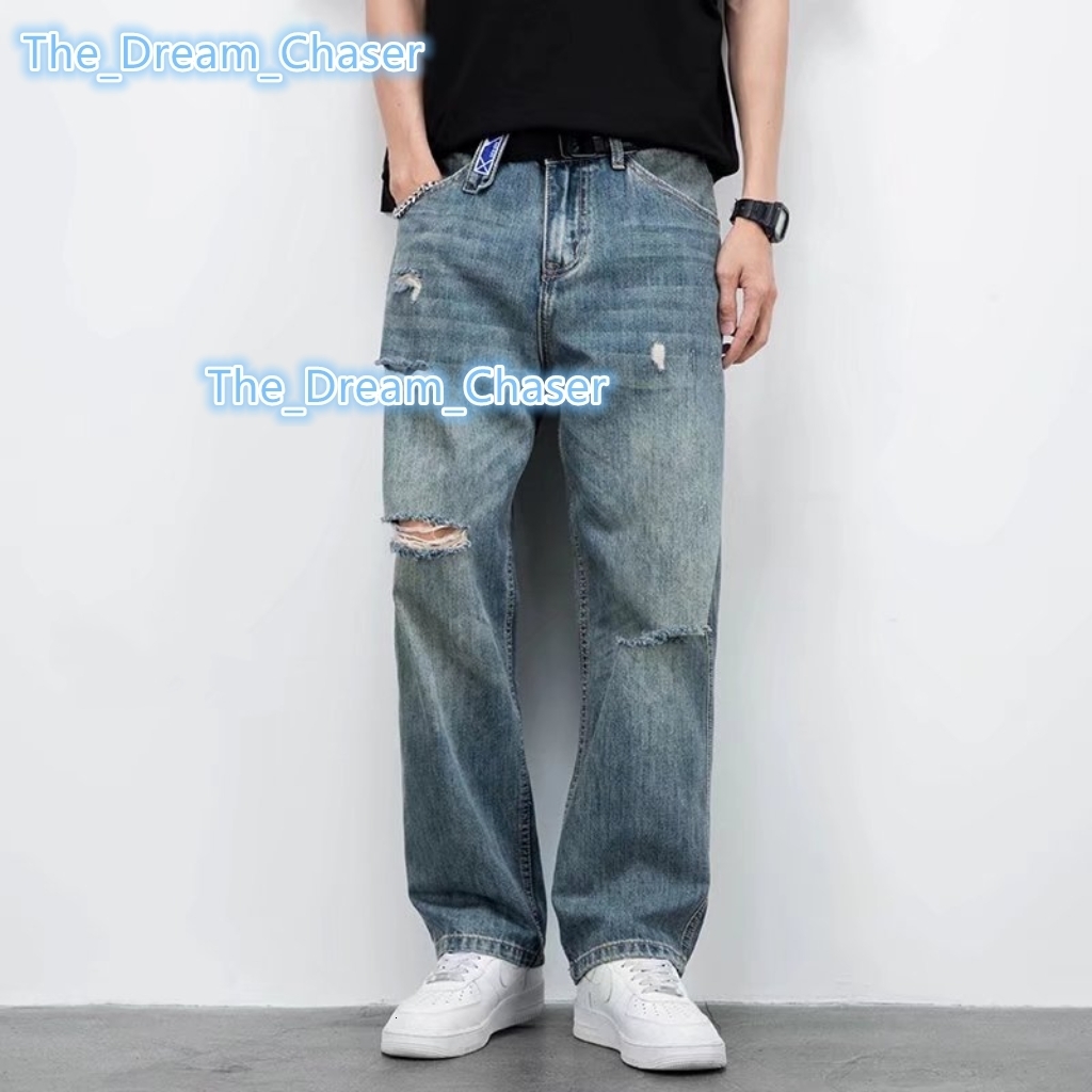 Mens Vintage Baggy Wide Leg Denim Pants Button Casual Loose Straight Streetwear Hip Hop Printed Pattern Jeans