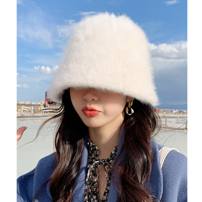 Wide Brim Hats Bucket Hats Rabbit Fur Bucket Hat Female Furry Fisherman Hat Korean Version Warm Hat Autumn and Winter Plush Cover Face Sunscreen Hat