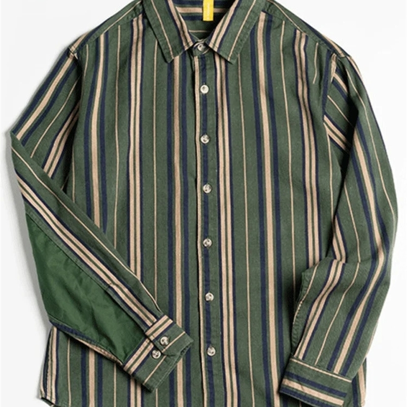 Vintage Men Green Vertical Striped Shirts Long Sleeve Cotton Button Up Tops Male Shirt Tops Korean Streetwear Camisas De Hombre 240529