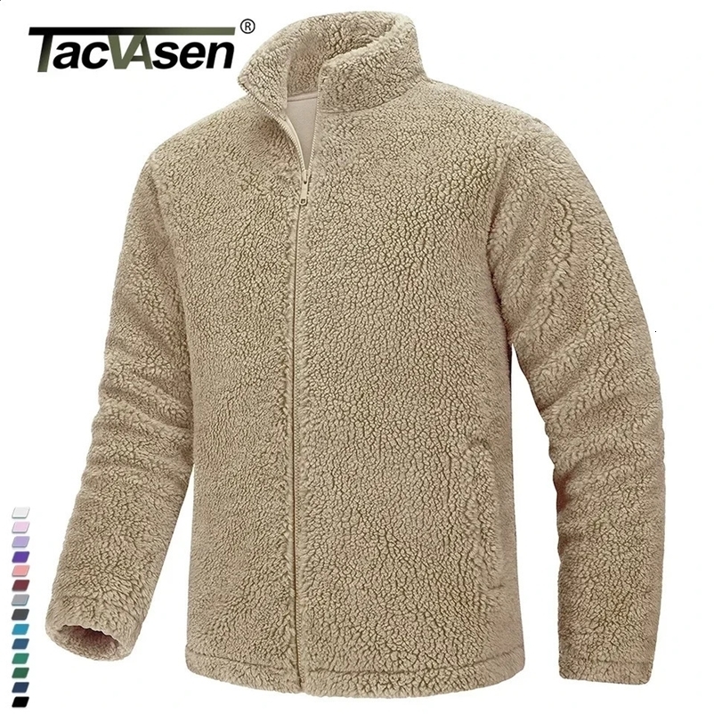 TACVASEN winter full zipper warm wool jacket mens camouflage Sherpa jacket thick outdoor fluffy jacket zipper pocket jacket 241007