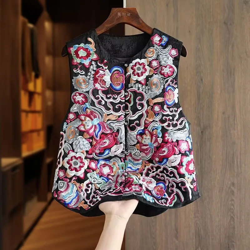 Womens Jackets Vest National Wind Embroidery Chinese Waistcoat Round Neck Unique single coat 250922