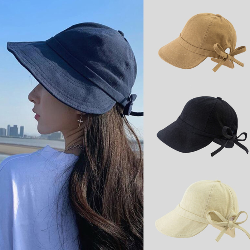 Berets Fashion Wide Brim Tie Bow Women Summer Bonnet Hats Soft Cotton Foldable Outdoor Sun Visor Hat Solid Color Female Bucket Caps 230823